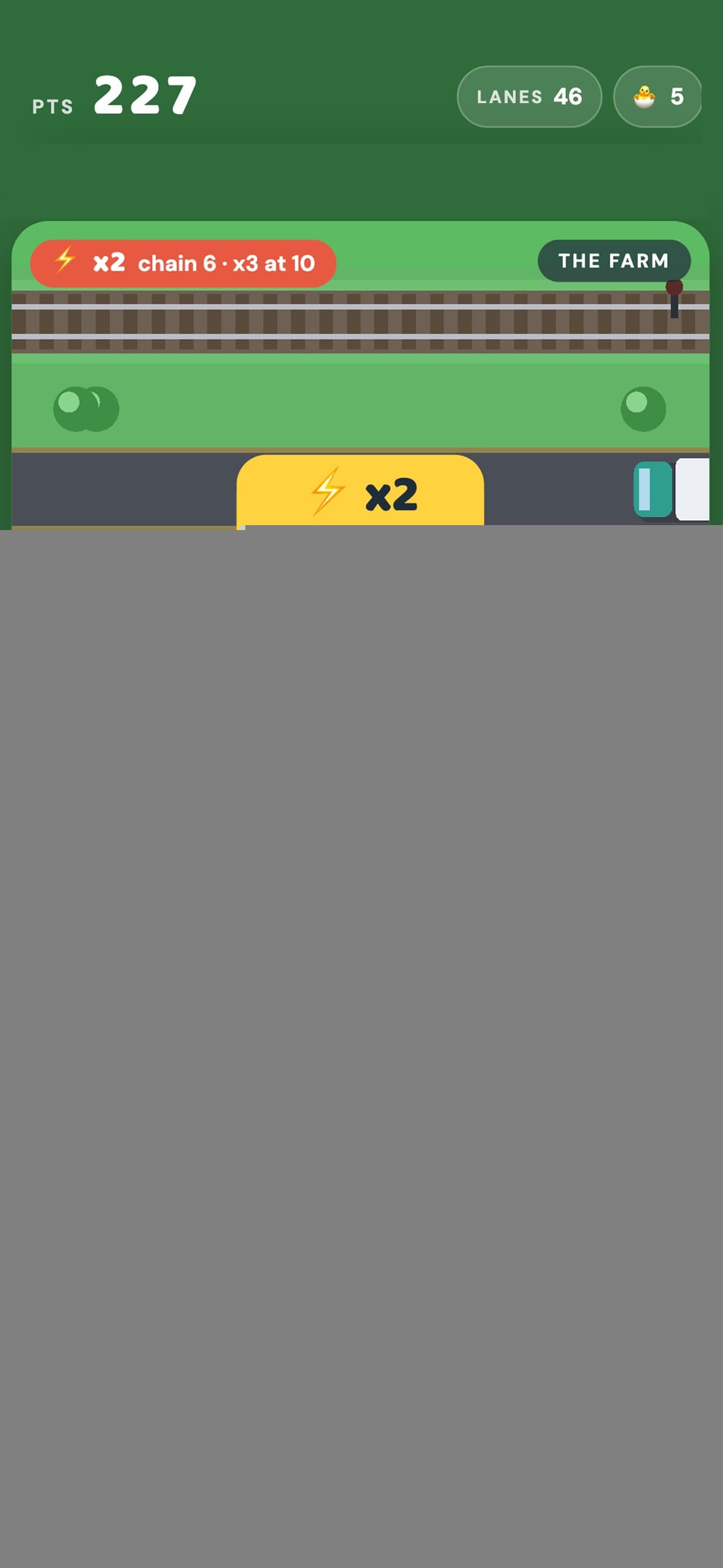 Duck Crossing gameplay: the duck rides a log across a river on The Farm